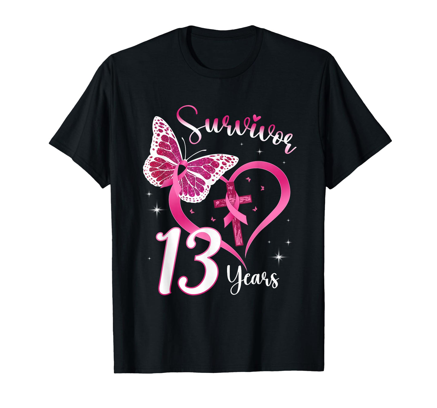 Breast Cancer Survivor Pink Ribbon Butterfly 13 Years Gift T-Shirt