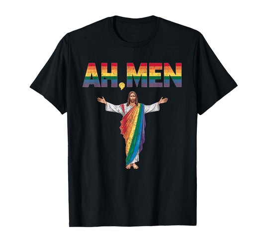 Ah-Men Funny Gay Pride Rainbow Jesus Graphic T-Shirt