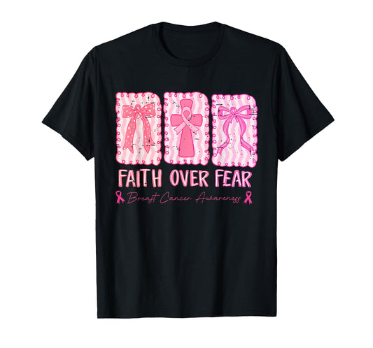 Retro Faith Over Fear Breast Cancer Awareness Pink Ribbon T-Shirt