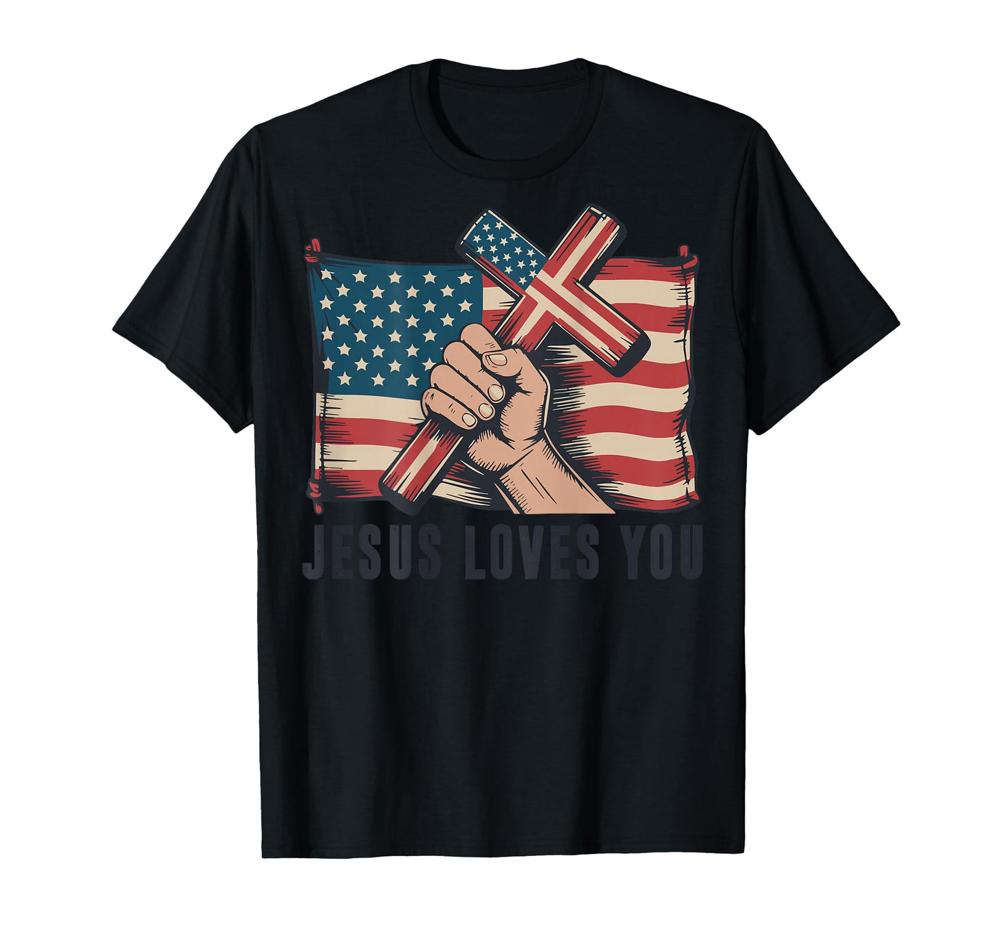 Mens Jesus Loves You Christian Patriotic Cross American Flag T-Shirt