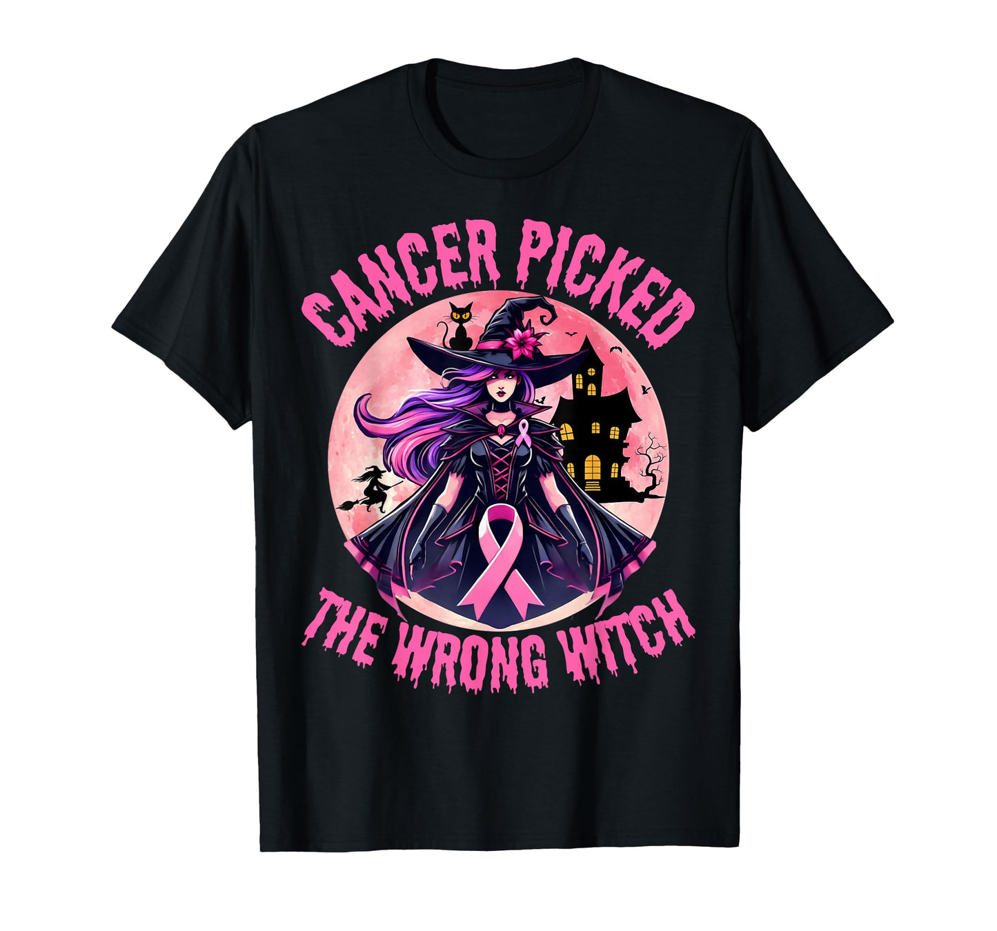 Breast Cancer Picked The Wrong Witch Halloween Melanin Cat T-Shirt