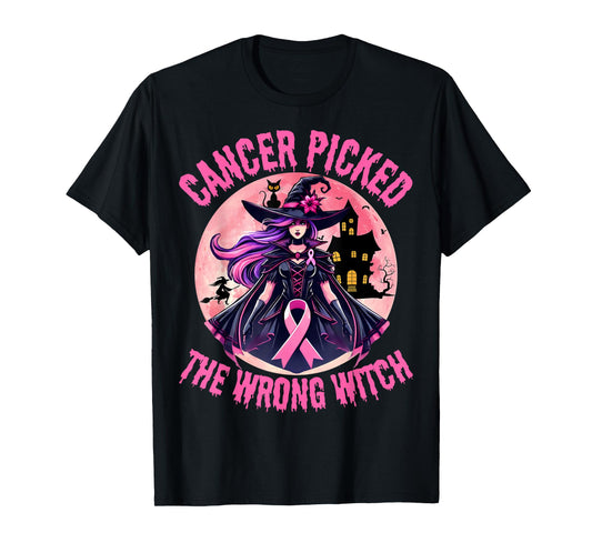 Breast Cancer Picked The Wrong Witch Halloween Melanin Cat T-Shirt