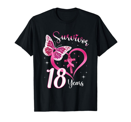 Breast Cancer Survivor Pink Ribbon Butterfly 18 Years Gift T-Shirt