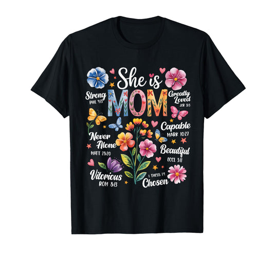 She Is Mom Bible Verses Christian Boho Floral Mother's Day T-Shirt