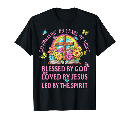 Blessed By God For 86 Years Rainbow And Cross Birthday T-Shirt
