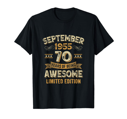 70 Years Awesome Vintage September 1955 70Th Birthday T-Shirt