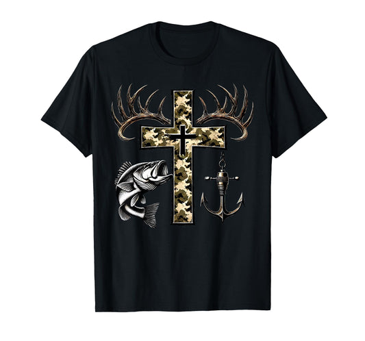 Hunting Fishing Cross Camo Faith Christian Fisherman Hunter T-Shirt