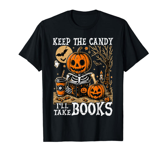 Keep The Candy I'll Take Books Skeleton Funny Halloween T-Shirt