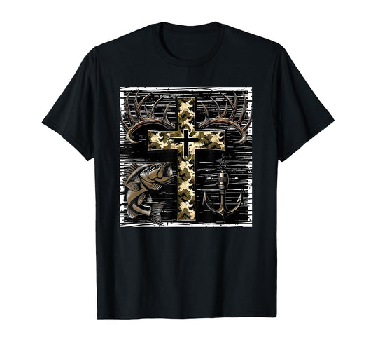 Hunting Fishing Cross Camo Faith Christian Fisherman Hunter T-Shirt
