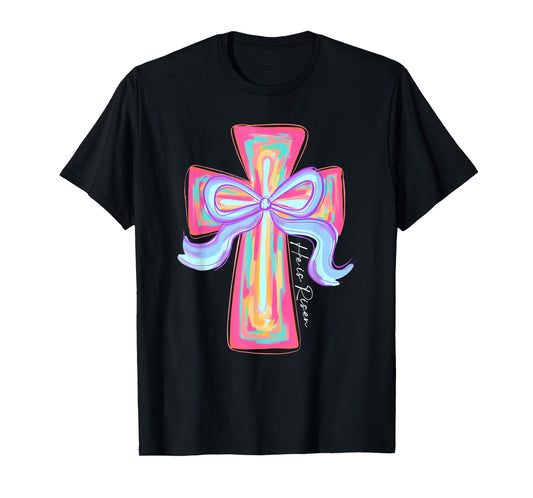 He Is Risen Jesus Christian Cross Coquette Bow Happy Easter T-Shirt