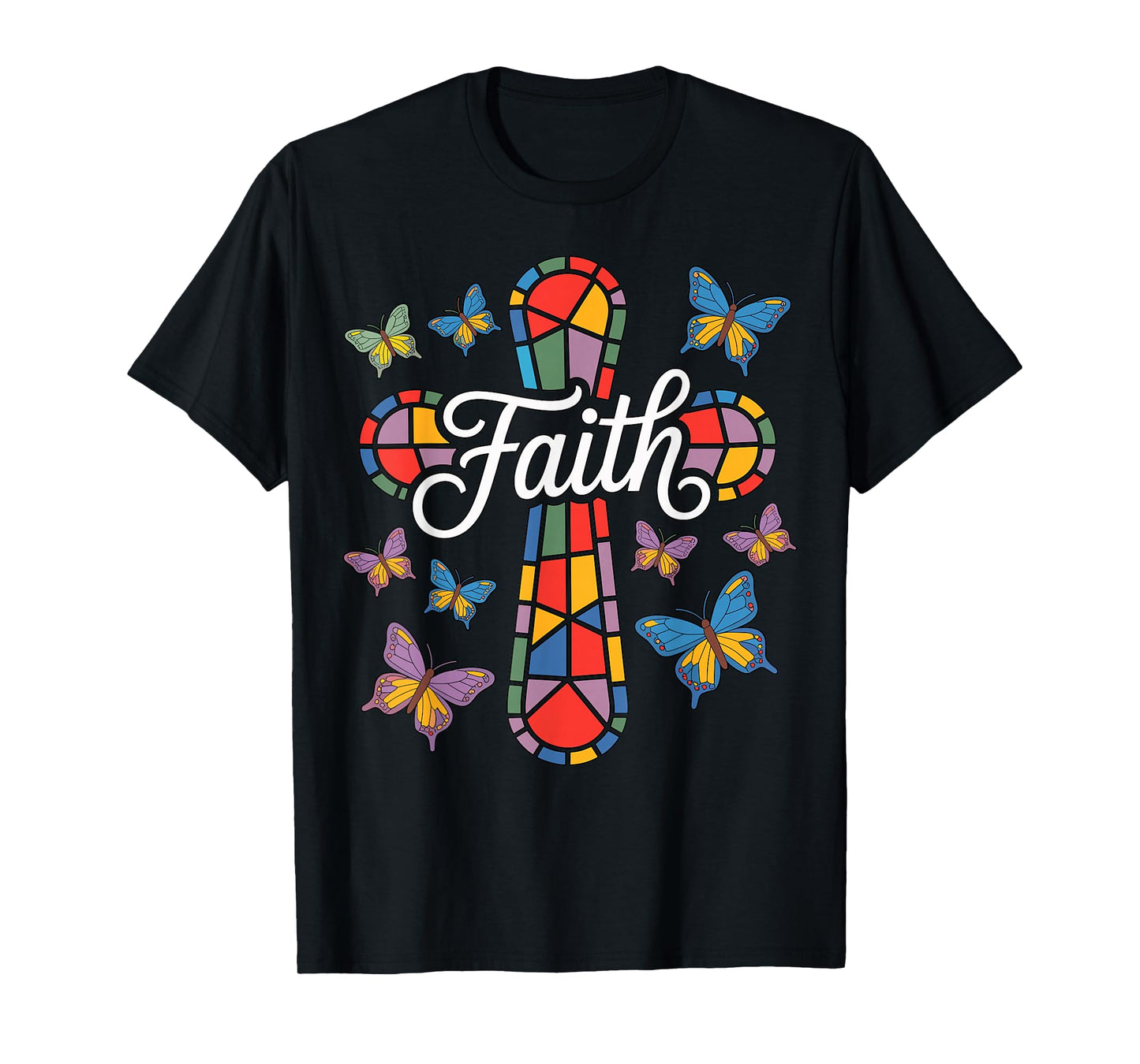 Faith Cross Butterflies and Flowers Christian T-Shirt