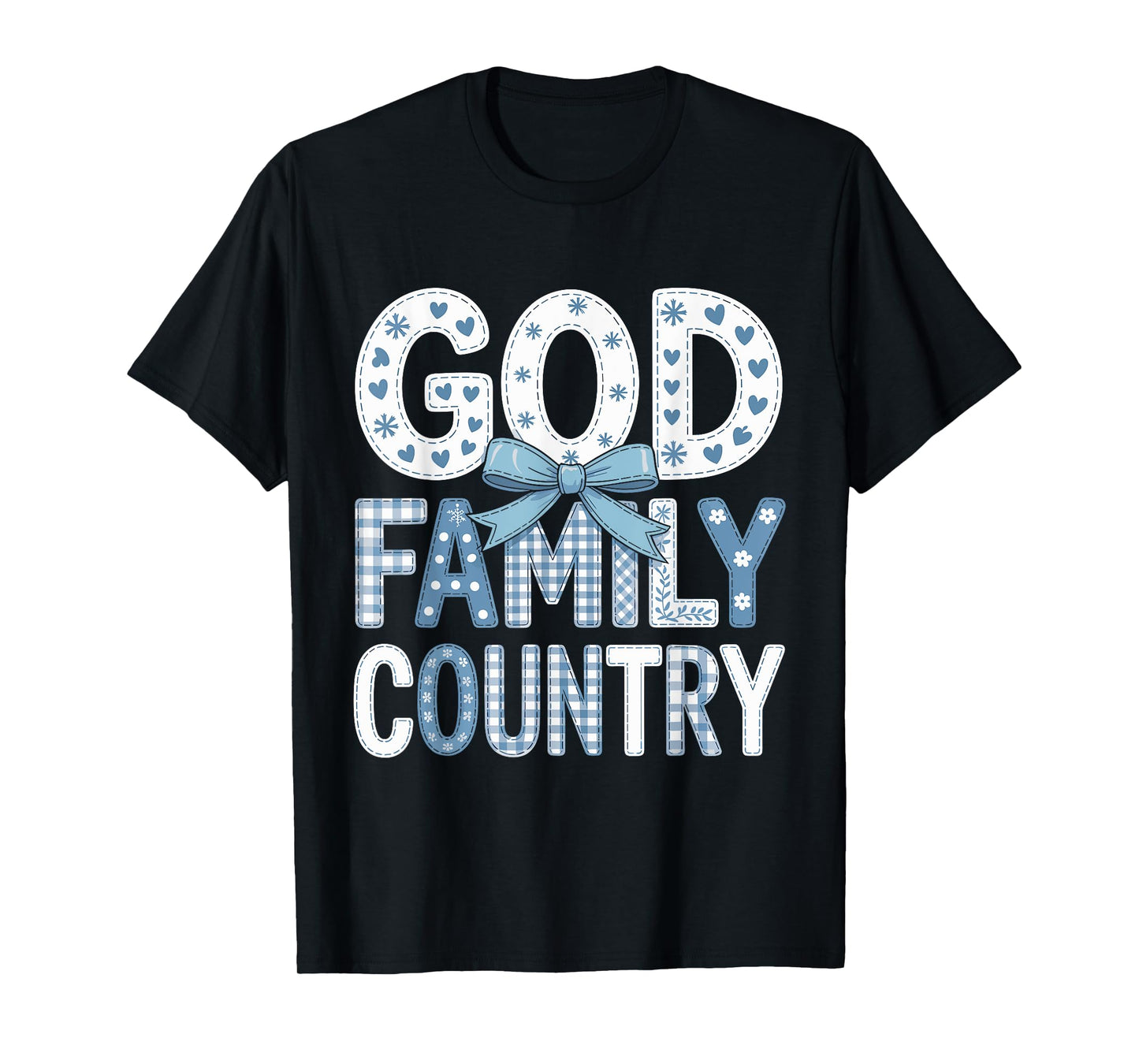 God Family Country - Patriotic Coquette Toile Blue Bow T-Shirt
