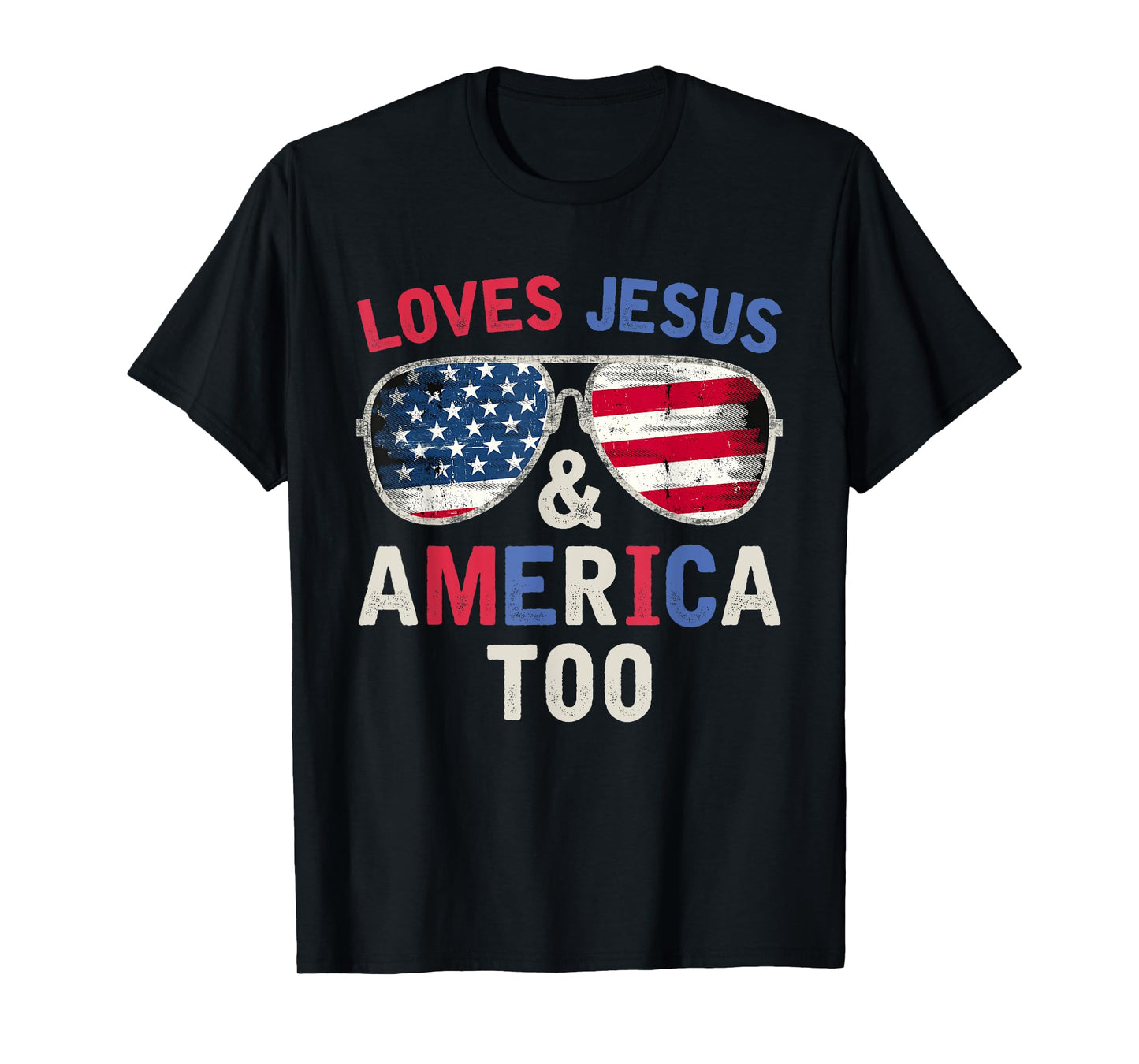 Loves Jesus and America Too Retro God Christian 4th of July T-Shirt