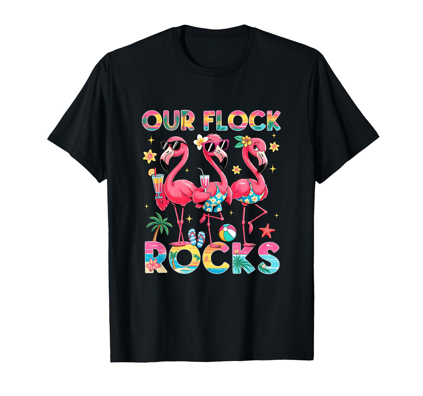 Our Flock Rocks Flamingo Summer Vacation Family Matching T-Shirt
