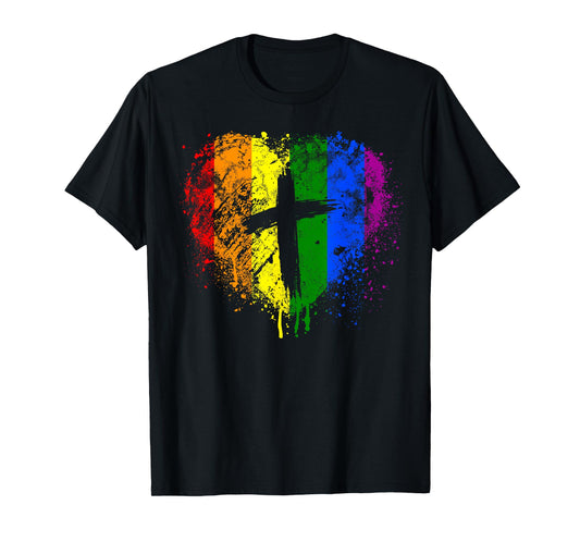 Rainbow Heart with Cross, Christian Religious Gay Pride T-Shirt
