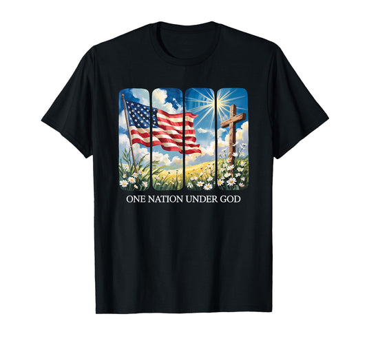 One Nation Under God USA Flag Cross Floral Christian Women T-Shirt