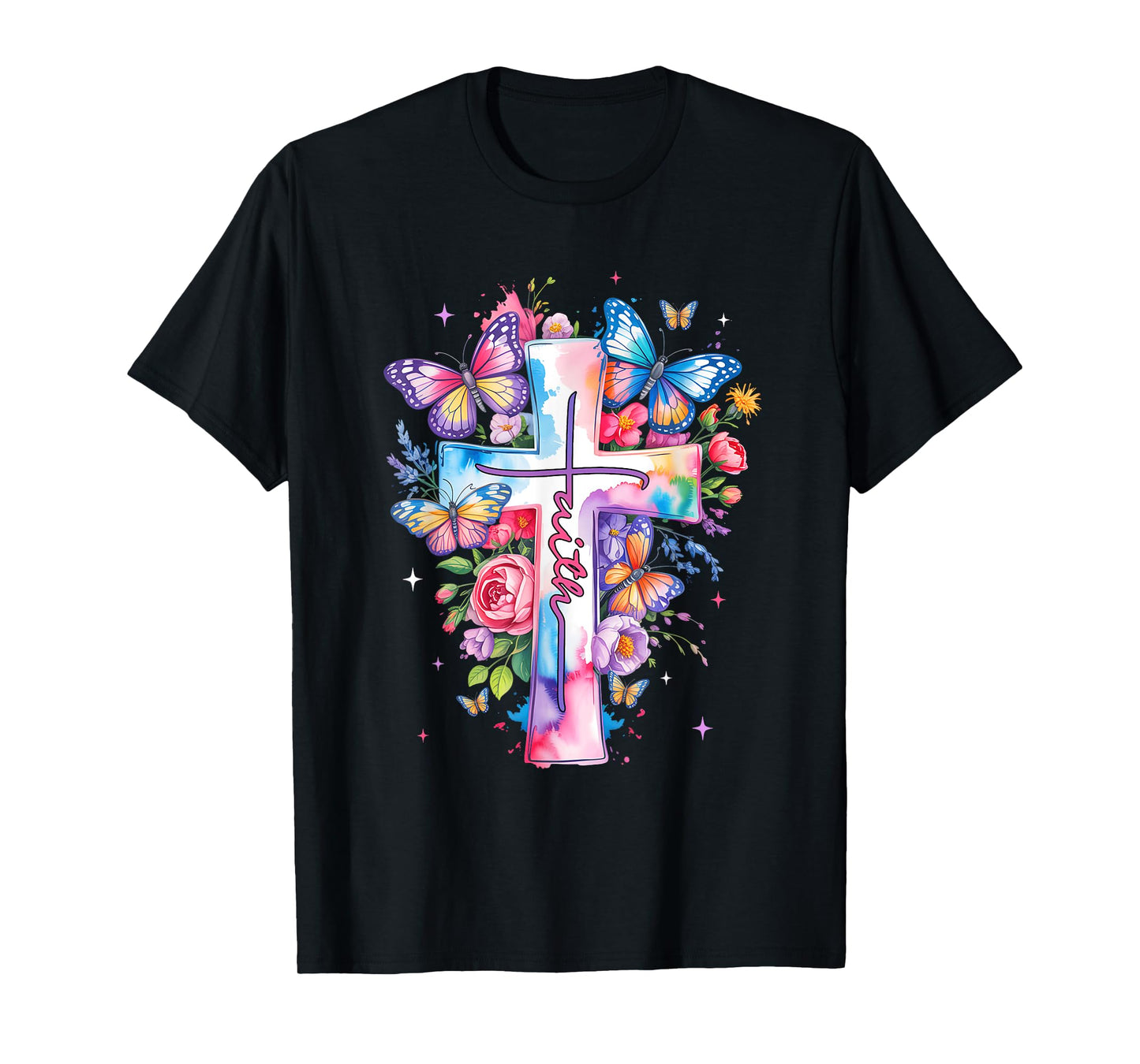 Faith Cross Floral Butterflies Christ Flowers Religious T-Shirt