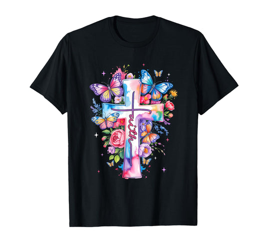 Faith Cross Floral Butterflies Christ Flowers Religious T-Shirt