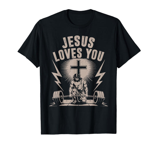 Jesus Loves You Funny Christian Workout Gym Barbell Cross T-Shirt