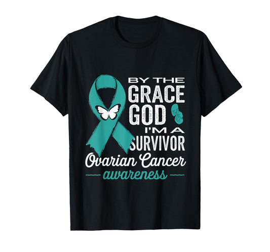 Ovarian Cancer Survivor By The Grace God Teal Ribbon T-Shirt