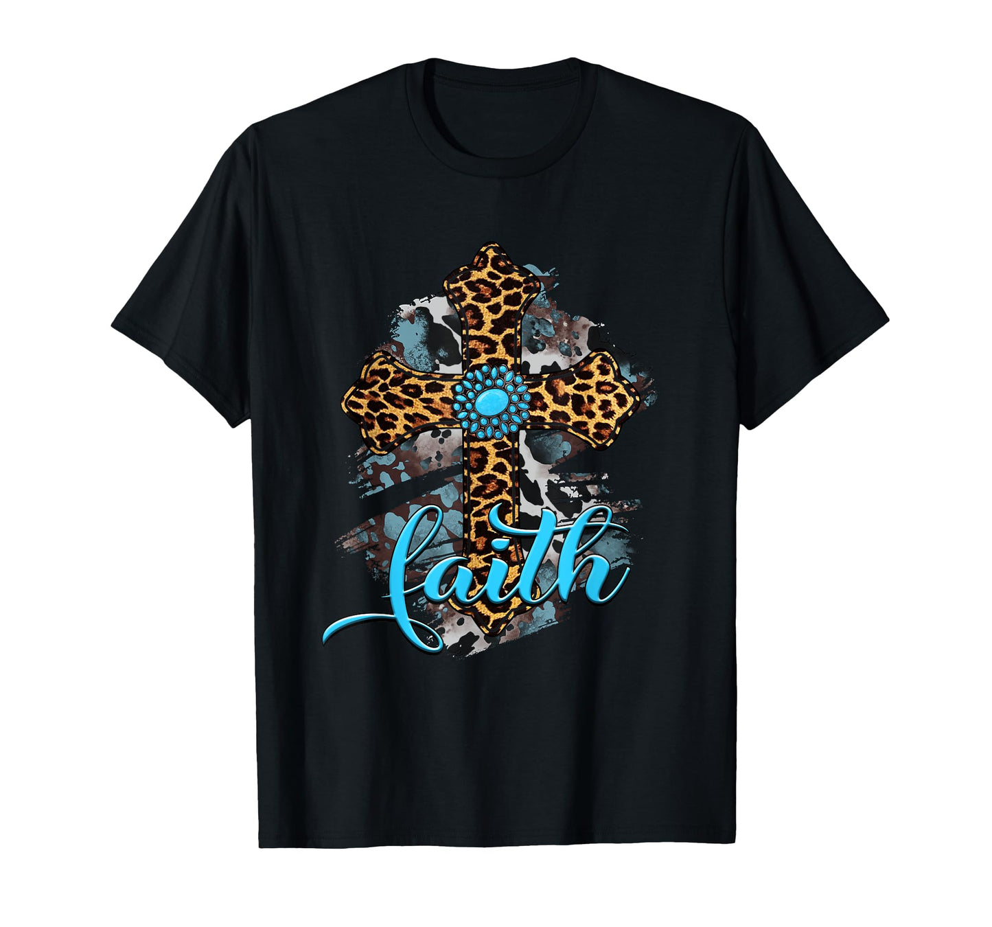 Western Boho Christian Turquoise Leopard Faith Cross Jesus T-Shirt