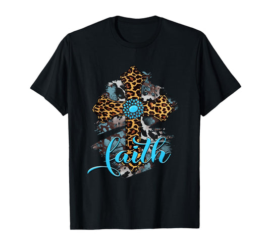 Western Boho Christian Turquoise Leopard Faith Cross Jesus T-Shirt