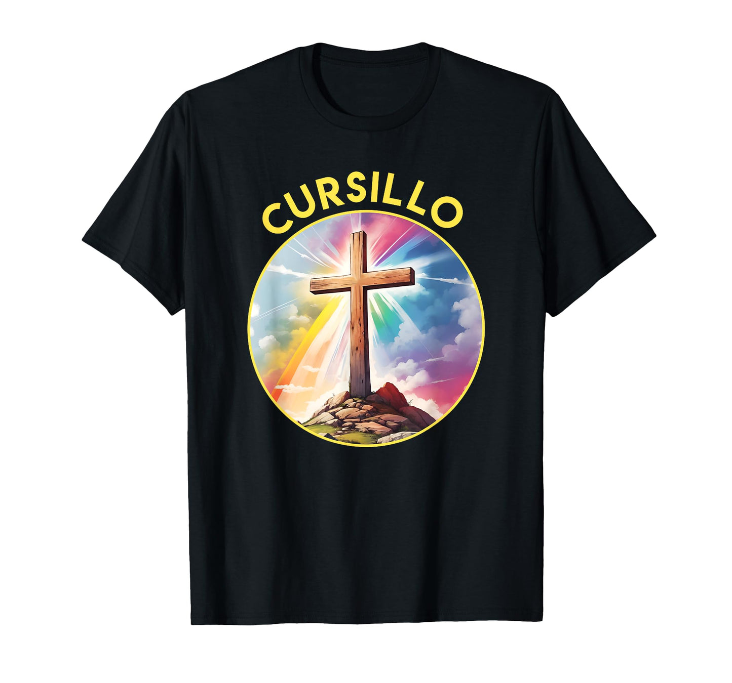 Cursillo Faith Wood Cross With Rainbow and Clouds T-Shirt