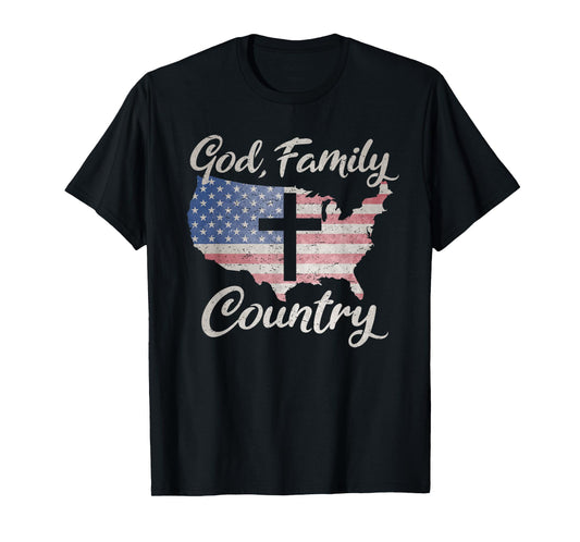 GOD FAMILY COUNTRY Christian Cross Vintage USA American Flag Women Kids Men T-Shirt