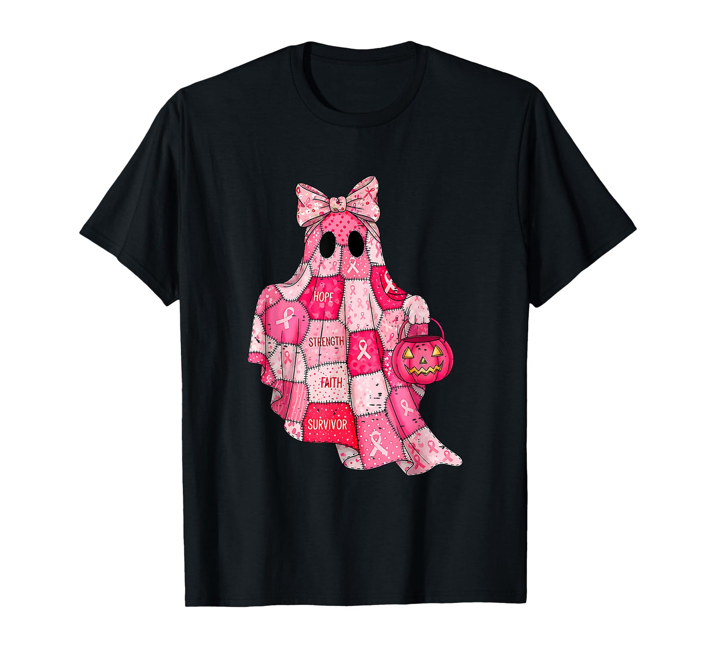 Faith Hope Strength Breast Cancer Awareness Pink Ghost Bow T-Shirt