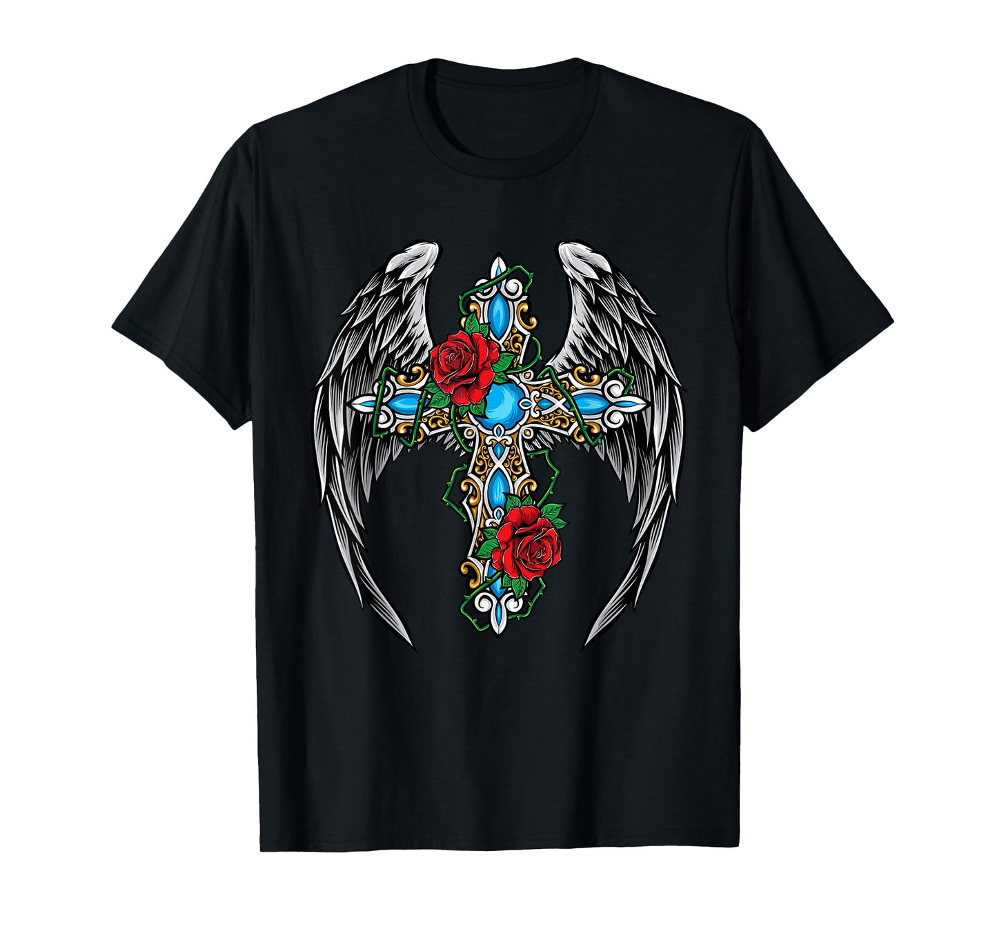 Christian Cross Vintage Rose Flower Cross Wings Religion T-Shirt