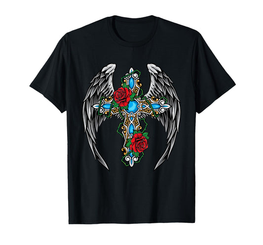Christian Cross Vintage Rose Flower Cross Wings Religion T-Shirt