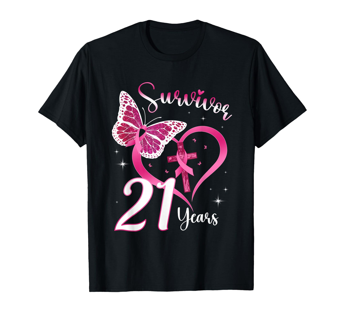 Breast Cancer Survivor Pink Ribbon Butterfly 21 Years Gift T-Shirt