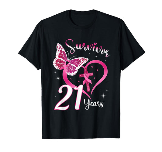 Breast Cancer Survivor Pink Ribbon Butterfly 21 Years Gift T-Shirt