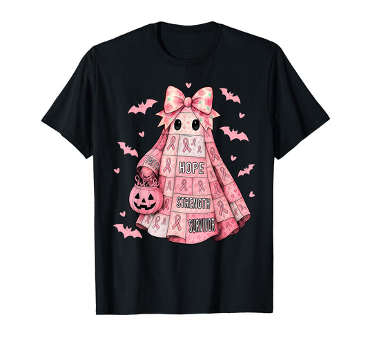 Pink Ribbon Patchwork Ghost Halloween Spooky Breast Cancer T-Shirt