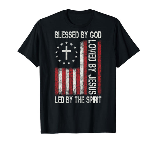 Blessed By God Loved By Jesus Christian Faith Flag Religious T-Shirt