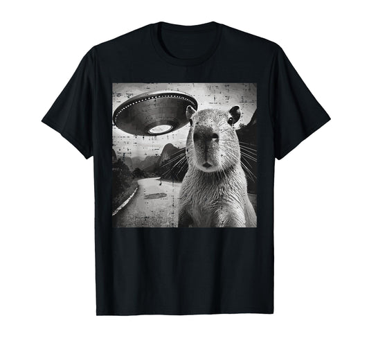 Capybara Ufo Selfie Funny Meme Rodent Alien Men Women Kids T-Shirt