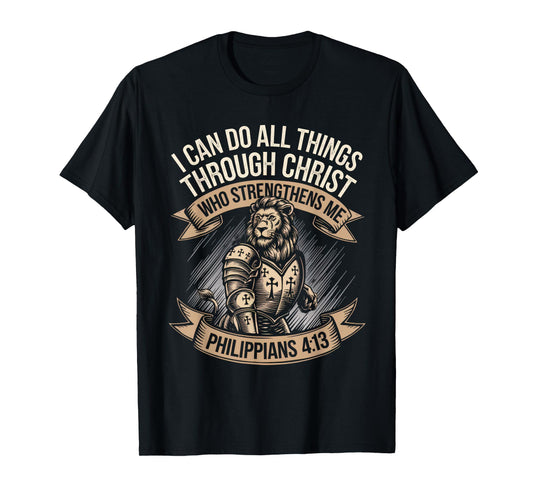 Christian Tshirt Philippians 4:13 Religious Lion Strengthens T-Shirt