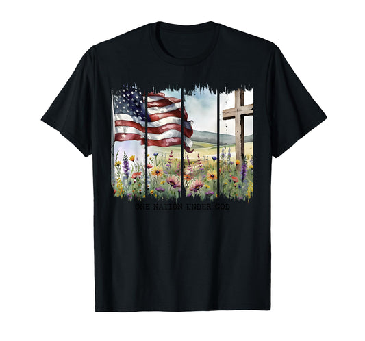 One Nation Under God Jesus Christian Cross Us Flag 2side T-Shirt
