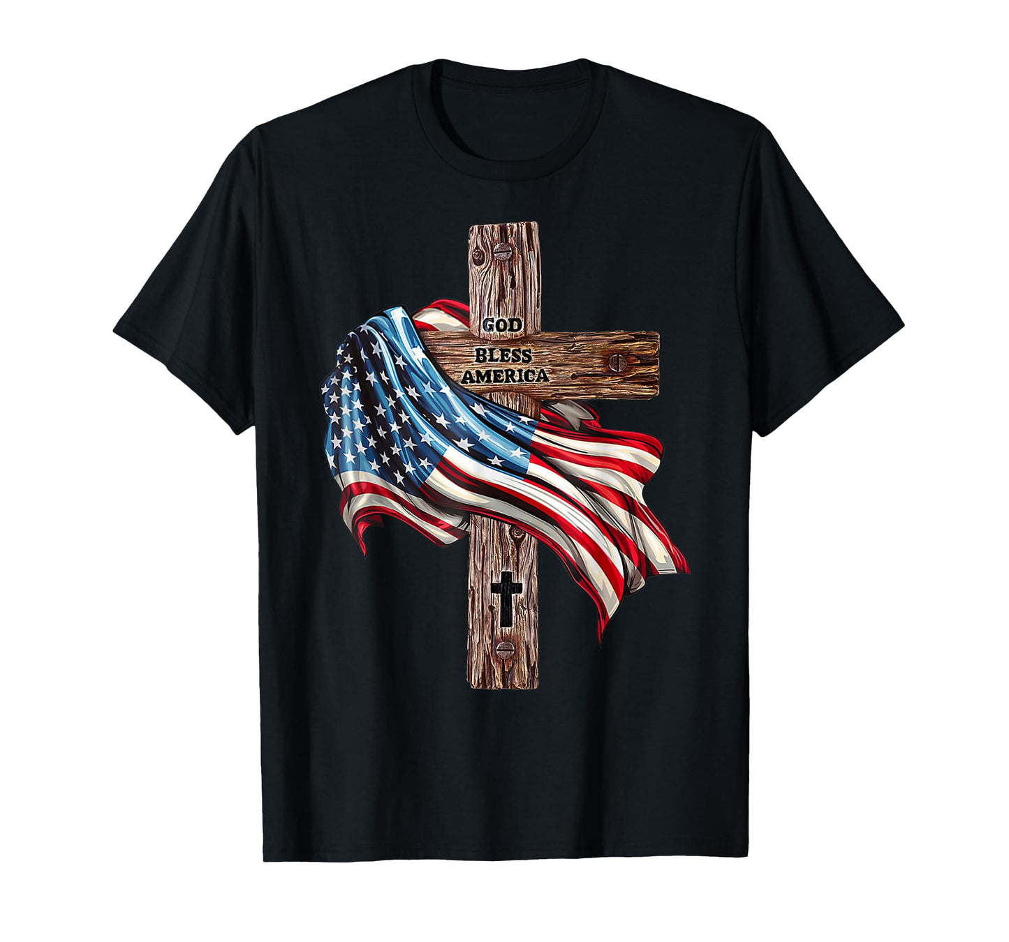 God Bless America Cross American Flag US Patriotic Christian T-Shirt for Women Kids Men
