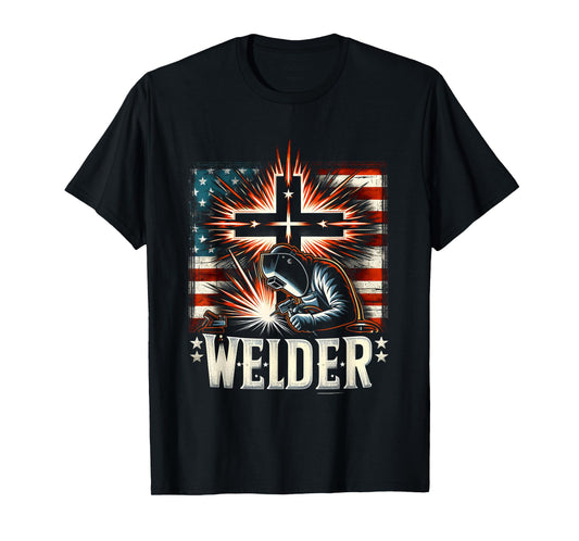 Welder American Flag Welding Faith Cross Christian Weld T-Shirt