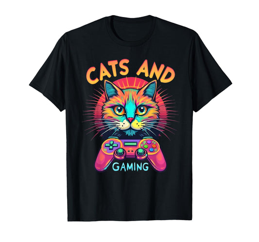 Cats And Gaming Funny Cat Lover Gaming Video Game Player Men Women Kids T-Shirt