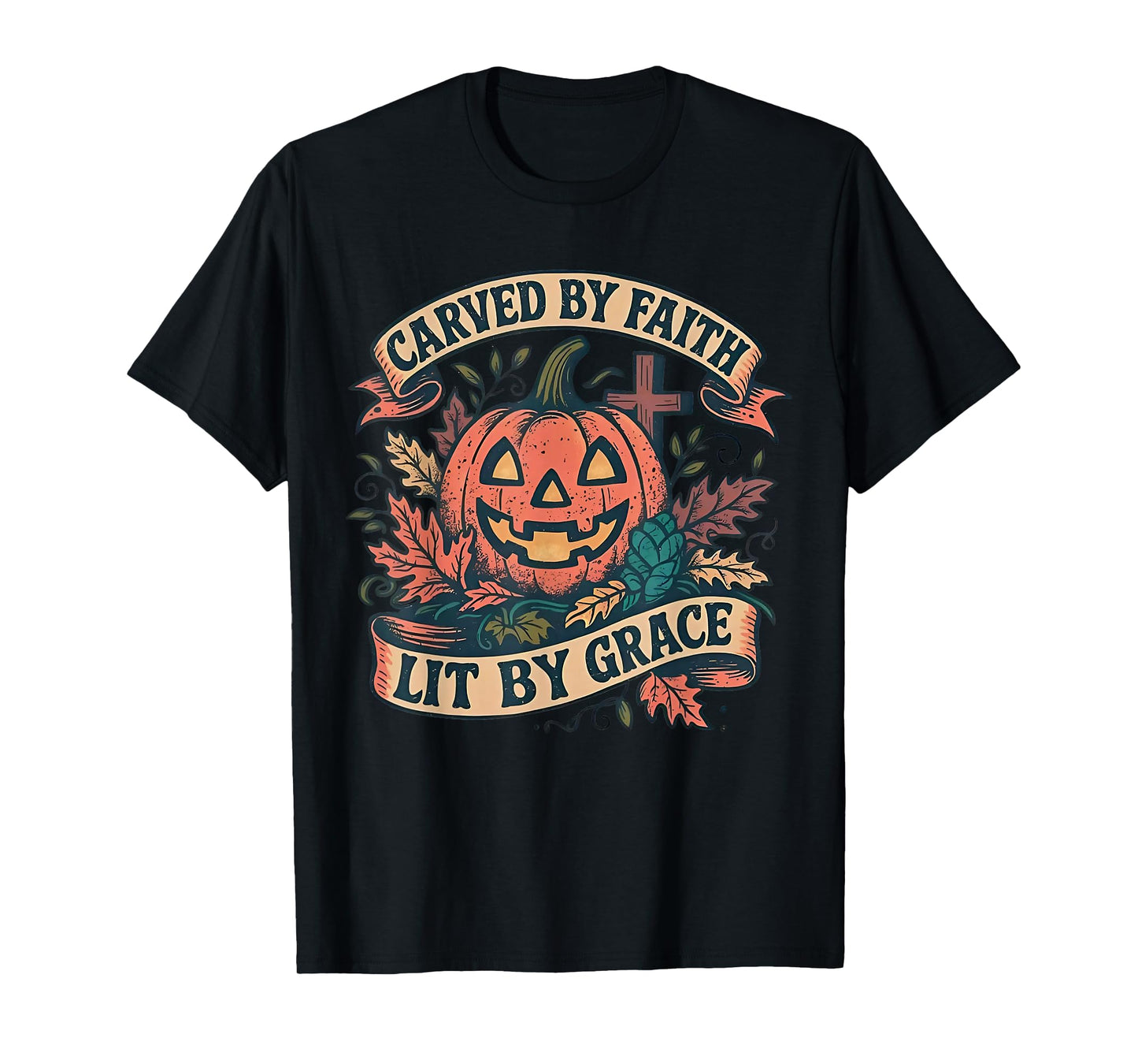 Vintage Carved by Faith Lit by Grace Boho Floral Pumpkin T-Shirt