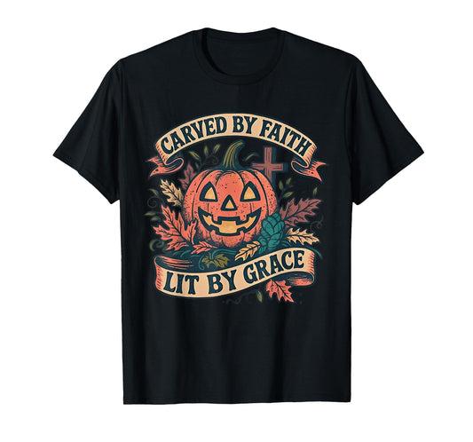 Vintage Carved by Faith Lit by Grace Boho Floral Pumpkin T-Shirt