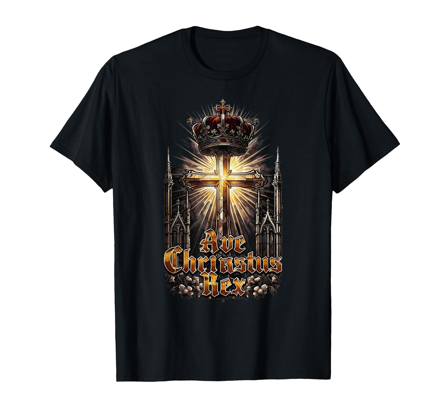 Ave Christus Rex – Majestic Cross with Crown T-Shirt