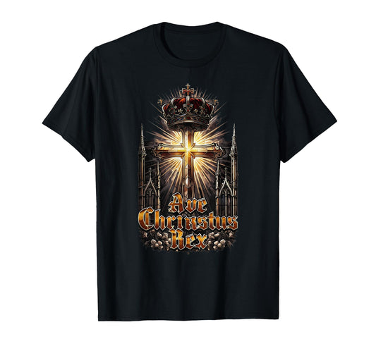 Ave Christus Rex – Majestic Cross with Crown T-Shirt