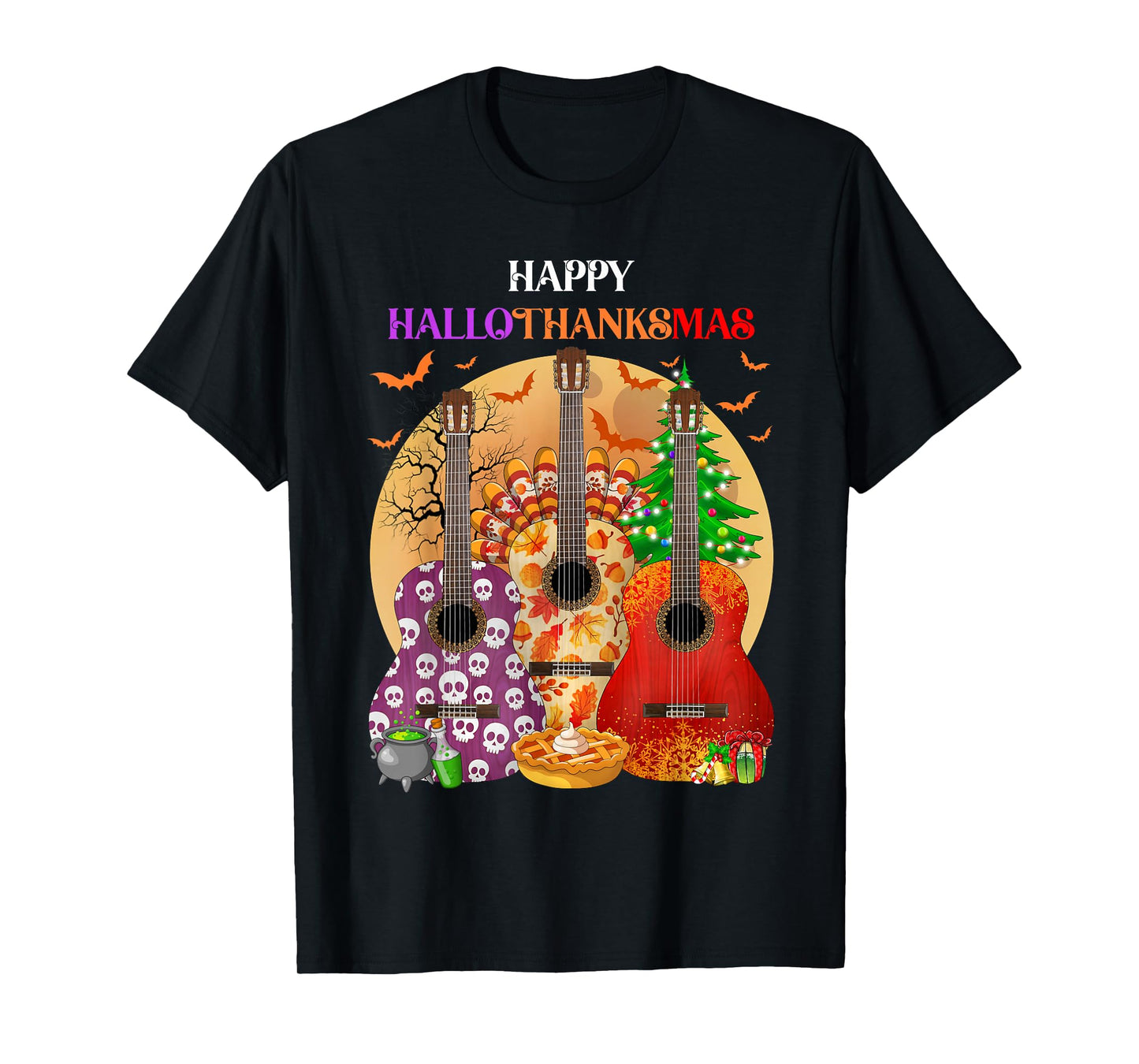 Happy HalloThanksMas Guitar Halloween Thanksgiving Christmas T-Shirt
