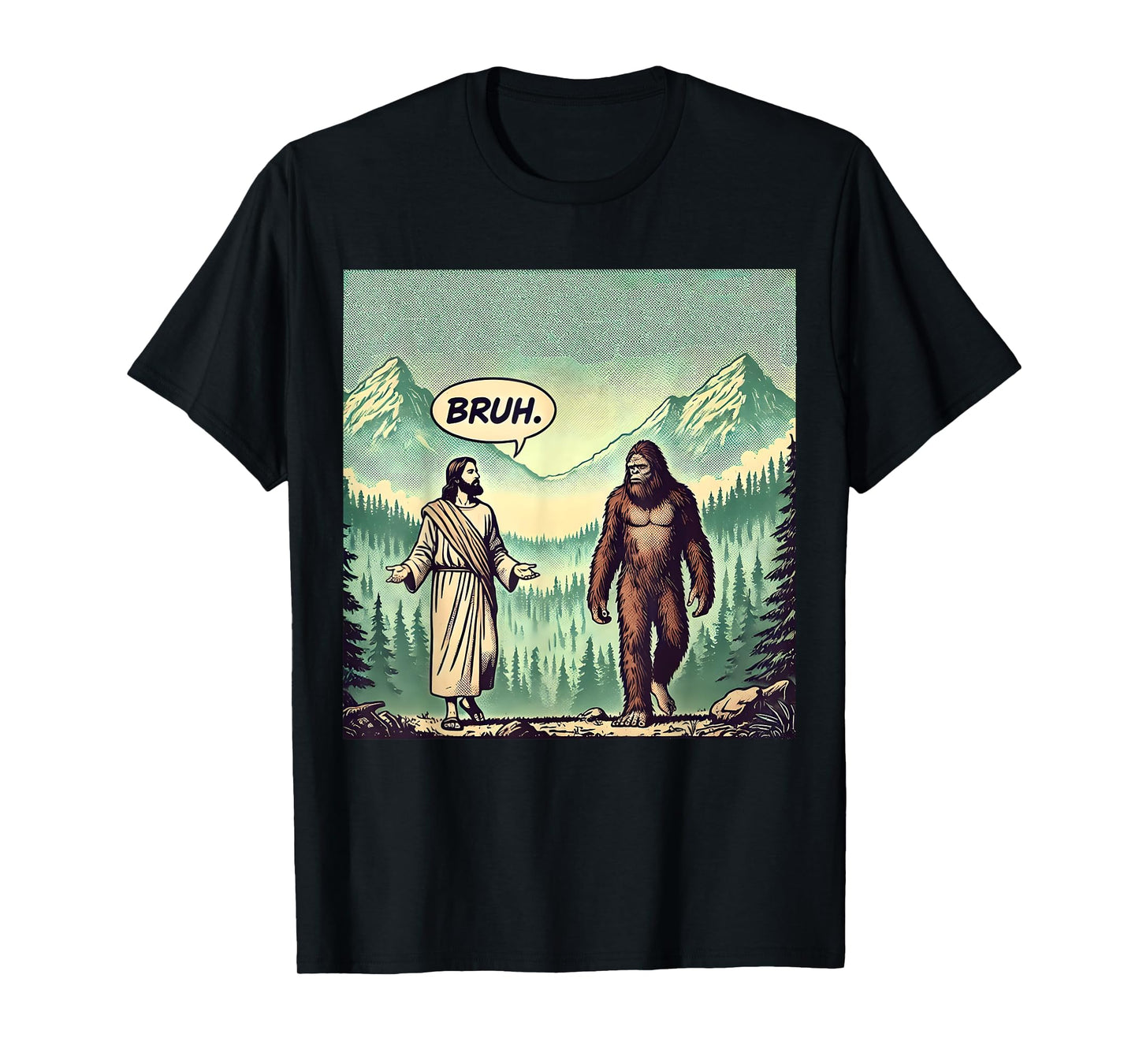 Bruh Meme Funny Jesus Bigfoot Vintage Comic Book Catholic T-Shirt