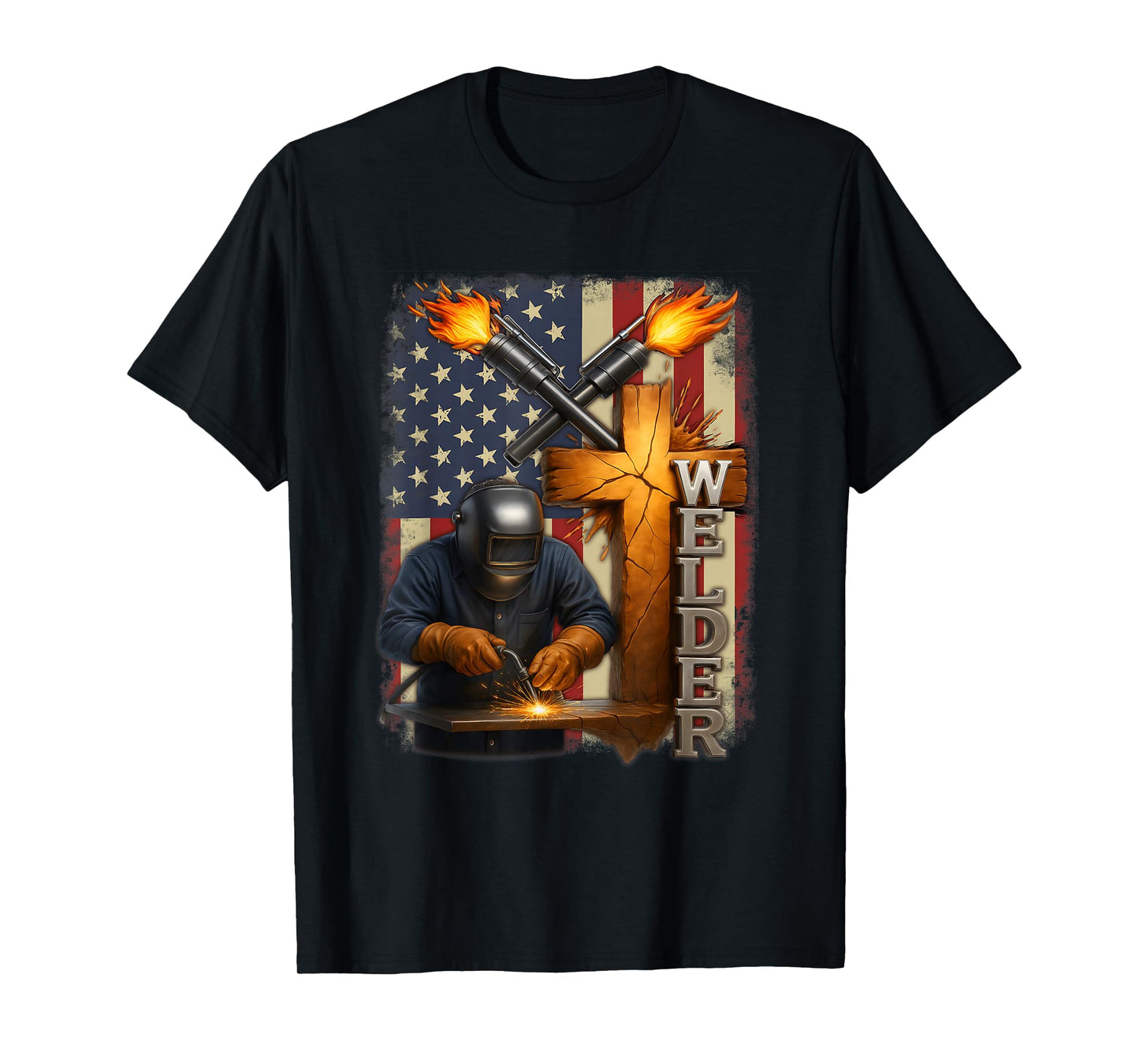 Welder USA Flag Cross Welding Faith Christian Work Pride T-Shirt