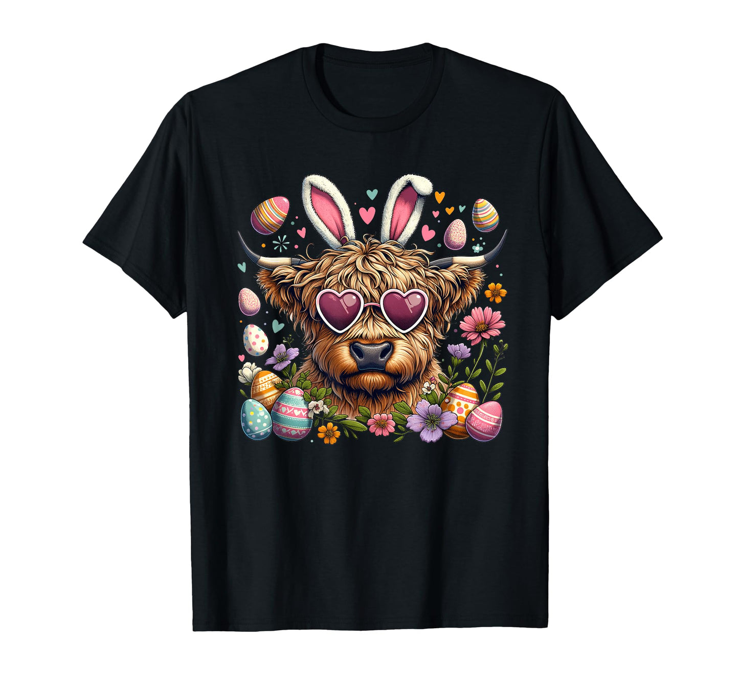 Happy Easter Day Highland Cow Retro Easter Bunny Women Kids T-Shirt