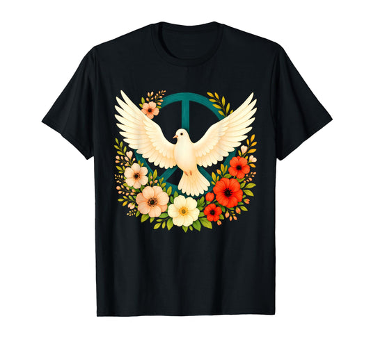 Groovy World Peace Day Bird Floral Peace Symbol Day of Peace T-Shirt